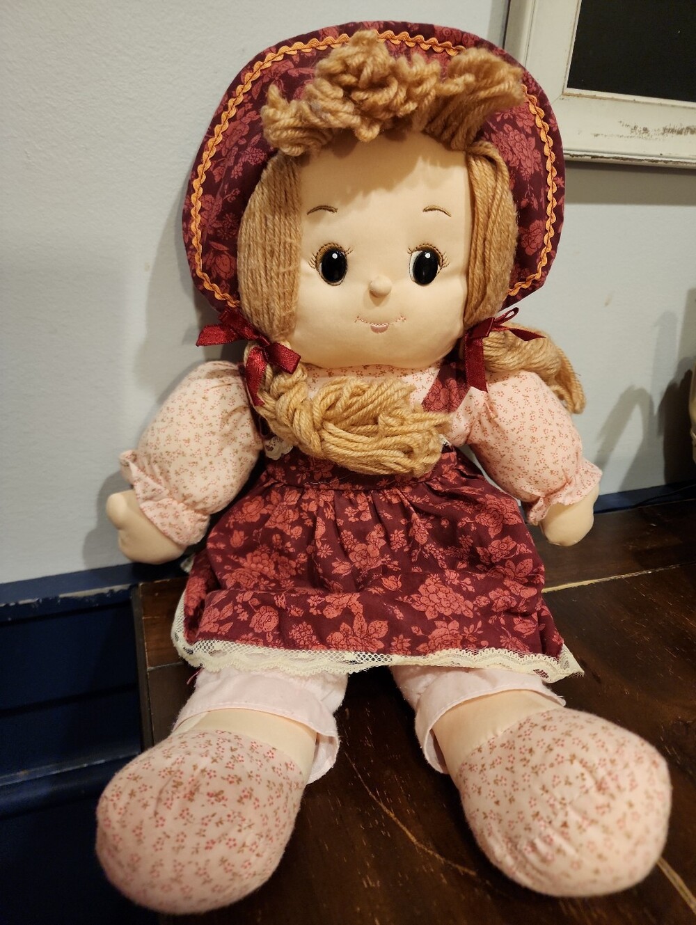 Cuddle Wit Rag Doll Plush Yarn Pink Brown Vintage 18" Cloth Floral HTF